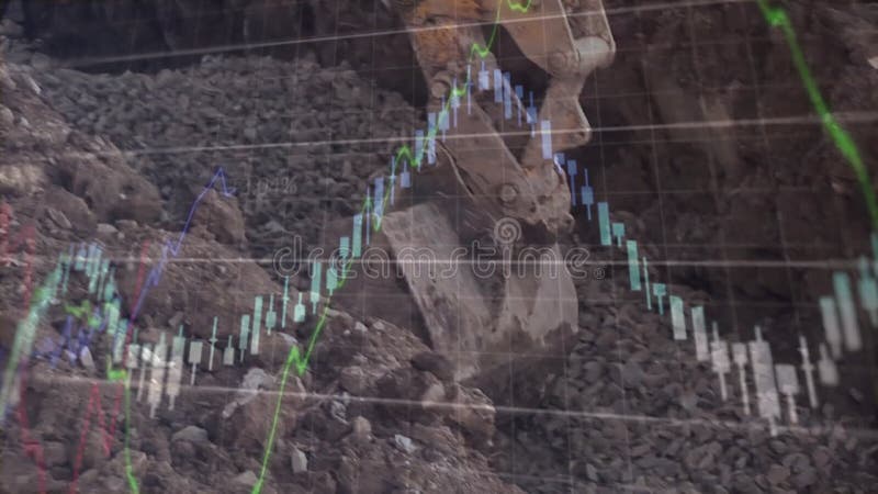 Animation of financial data processing over digger stock footage