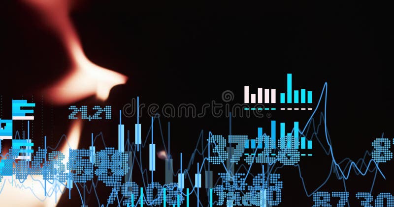 Animation of financial data processing over flames stock video footage