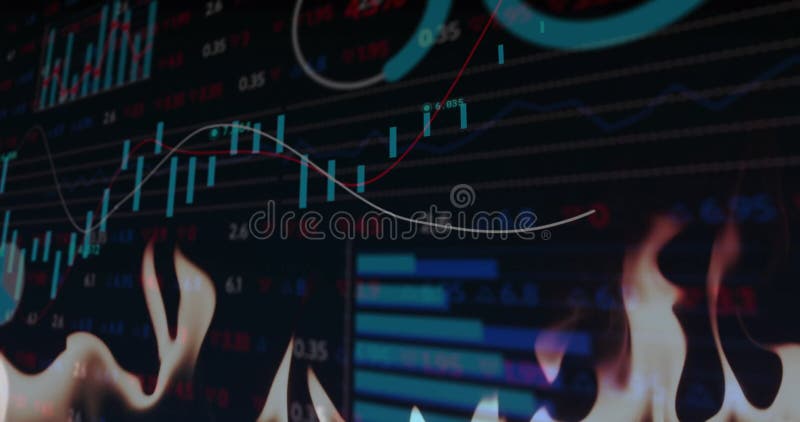 Animation of financial data processing over flames stock footage