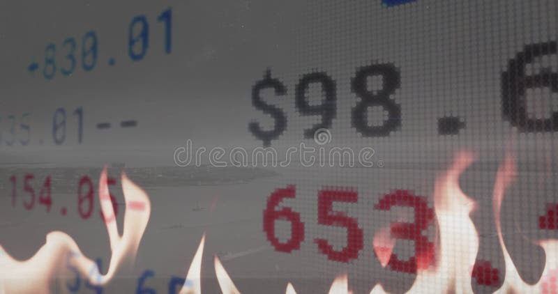 Animation of financial data processing over flames stock footage
