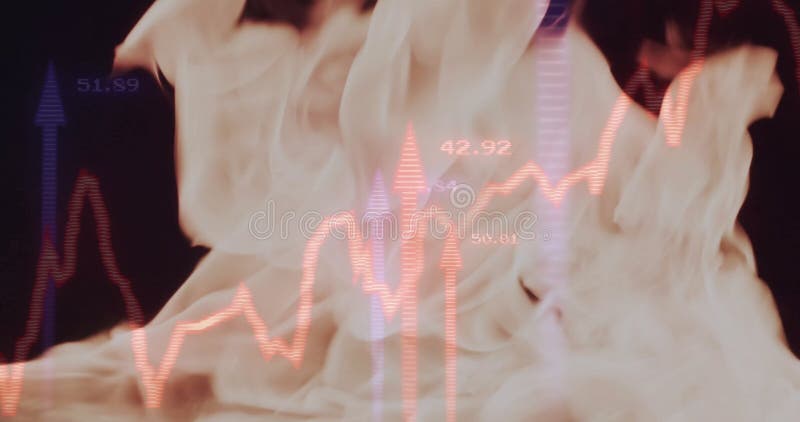 Animation of financial data processing over flames stock video footage