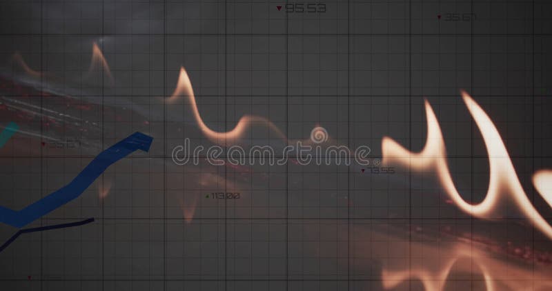 Animation of financial data processing over flames stock video footage