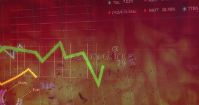 Animation of financial data processing over flames stock video footage