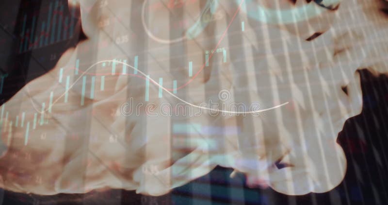 Animation of financial data processing over flames stock footage