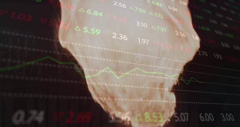 Animation of financial data processing over flames stock video footage
