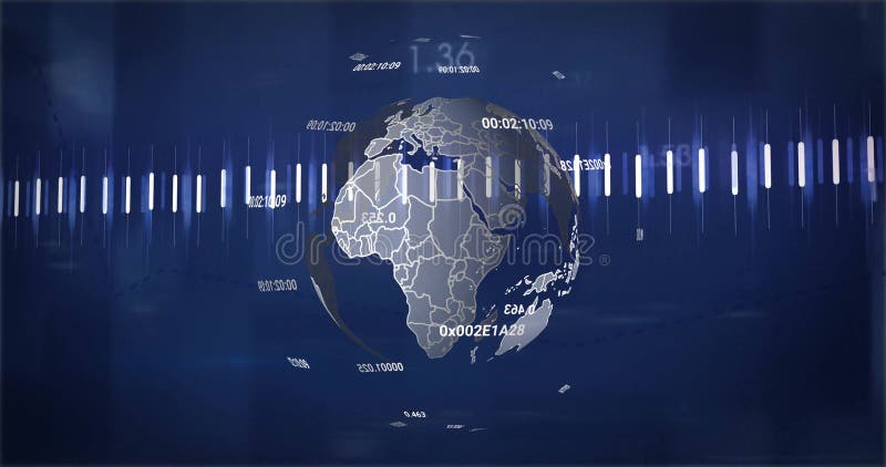 Animation of financial data processing over globe stock video
