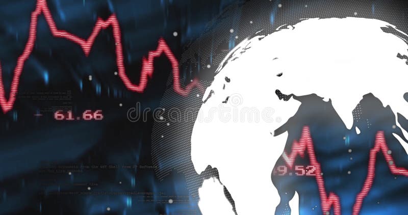 Animation of financial data processing over globe stock video footage