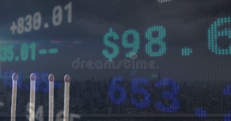Animation of financial data processing over lit match stock footage