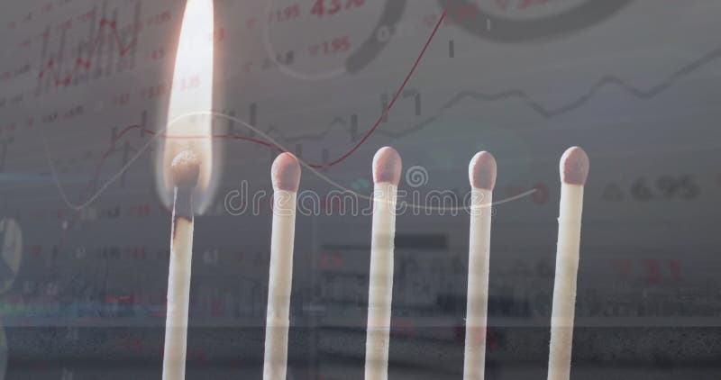 Animation of financial data processing over lit match stock footage