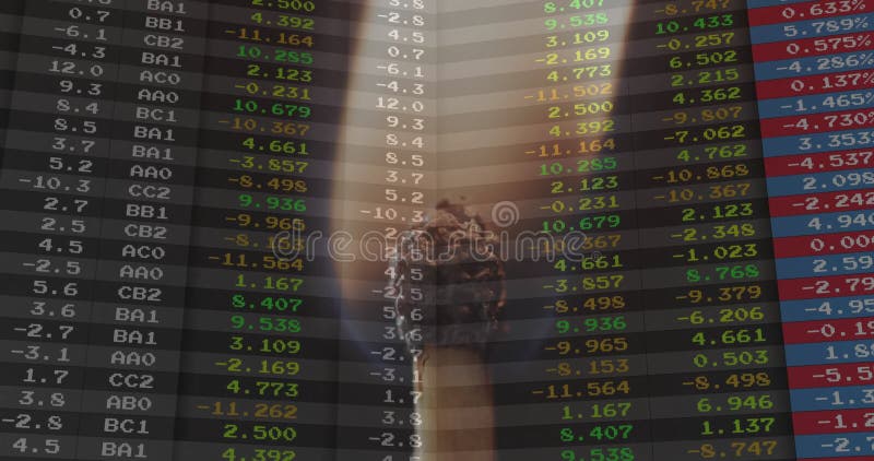 Animation of financial data processing over lit match stock video footage