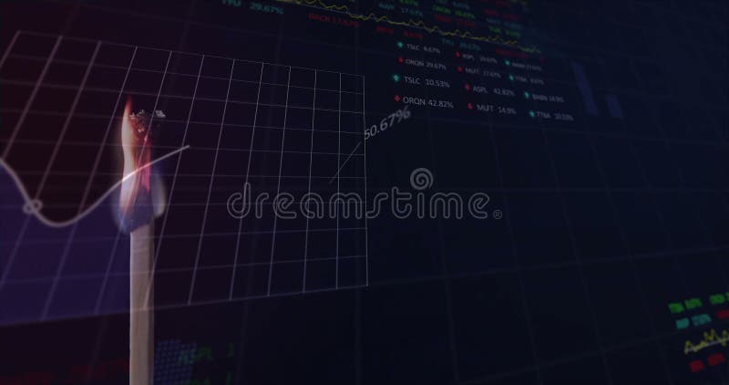 Animation of financial data processing over lit match stock footage
