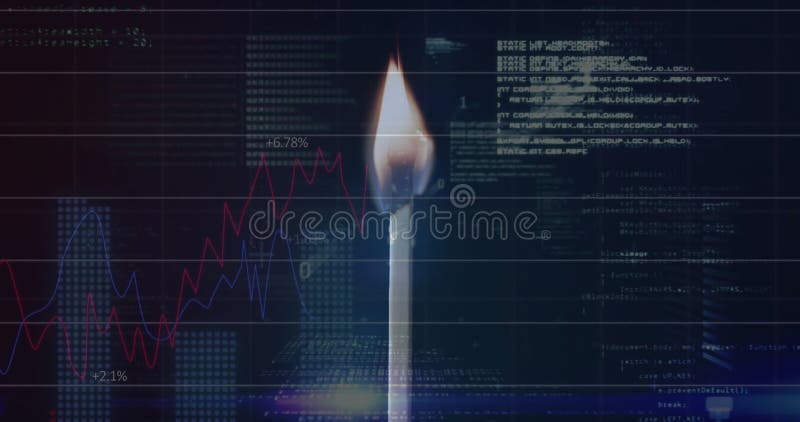 Animation of financial data processing over lit match stock footage