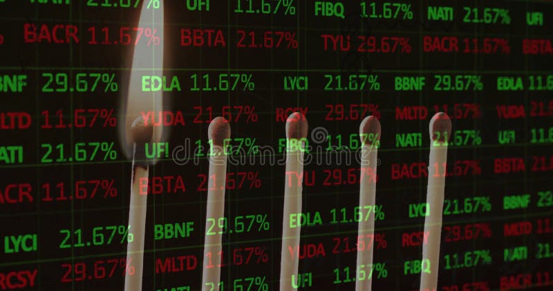 Animation of financial data processing over lit match stock video footage