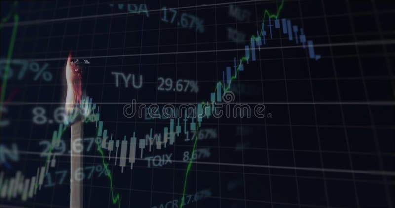 Animation of financial data processing over lit match stock video footage