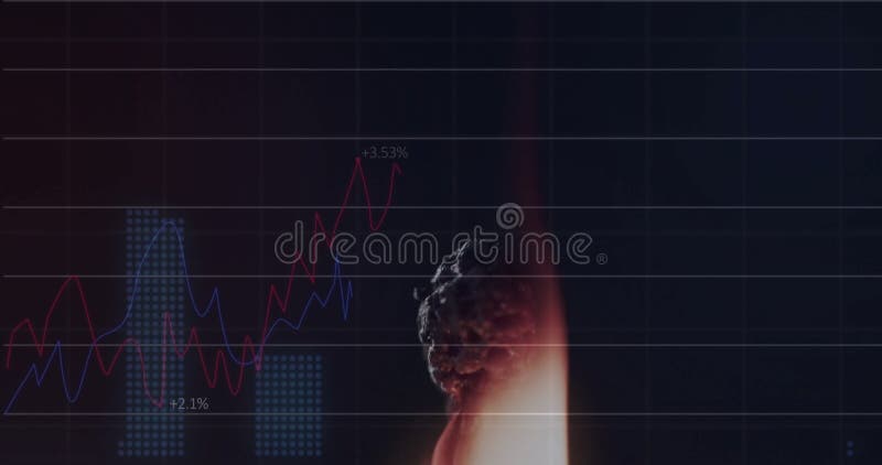 Animation of financial data processing over lit match stock footage
