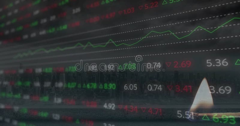 Animation of financial data processing over lit match stock footage