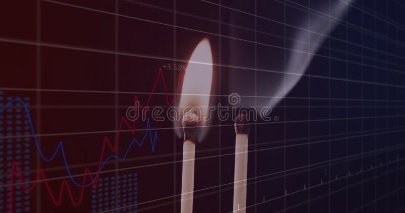 Animation of financial data processing over lit match stock video