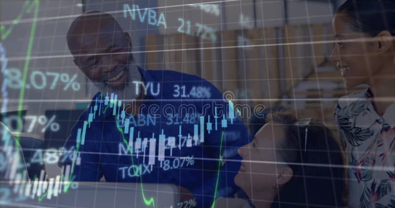 Animation of financial data processing over three diverse colleagues discussing at office stock footage