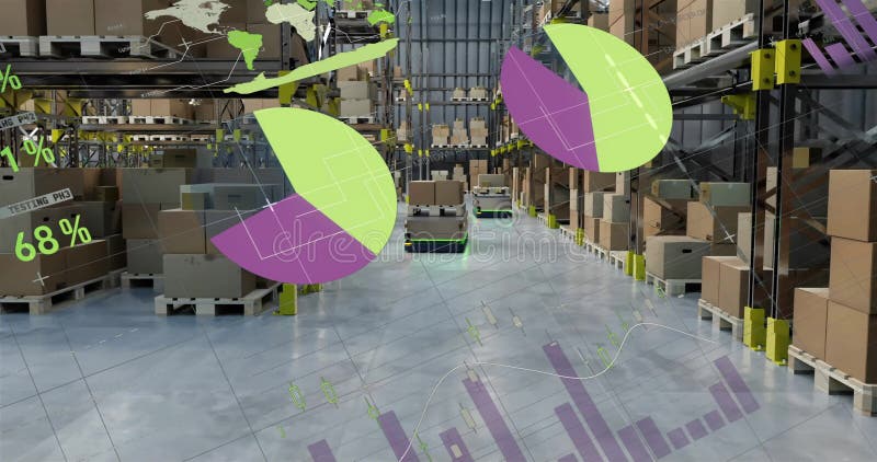 Animation of financial data processing over warehouse stock video