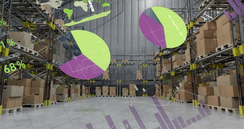 Animation of financial data processing over warehouse stock footage
