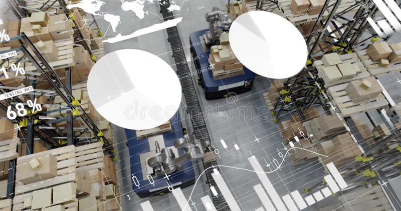 Animation of financial data processing over warehouse stock video footage