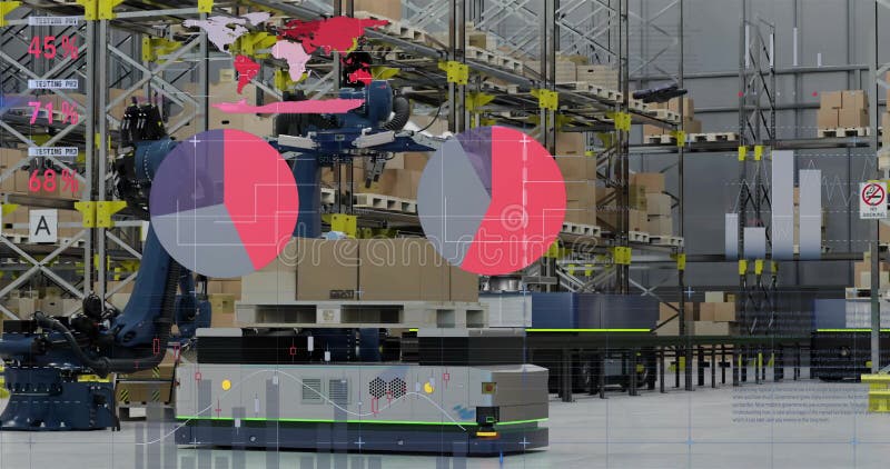 Animation of financial data processing over warehouse stock video footage