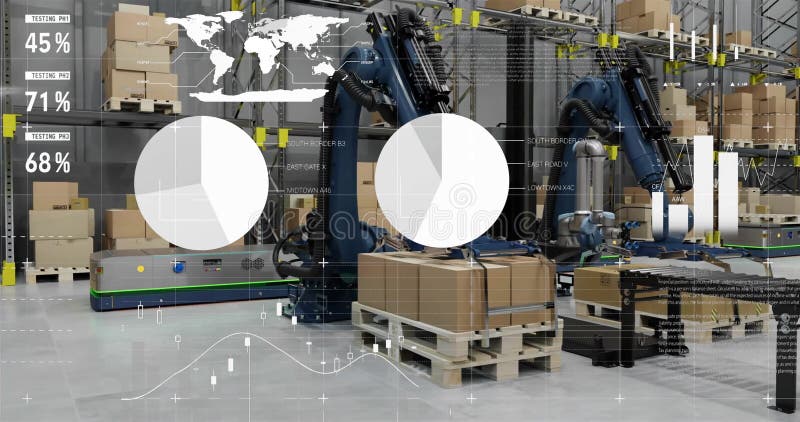 Animation of financial data processing over warehouse stock video footage