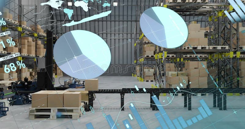 Animation of financial data processing over warehouse stock video