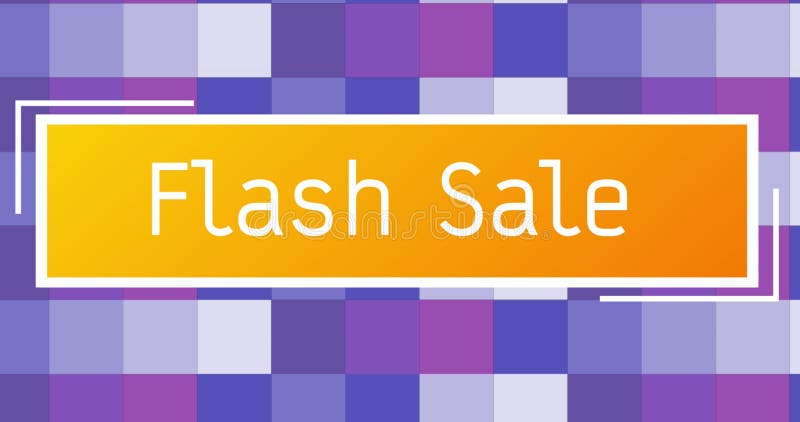 Animation of flash sale text on orange banner over purple squared pattern