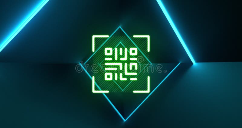 Animation of flickering green QR code with blue lines vector illustration