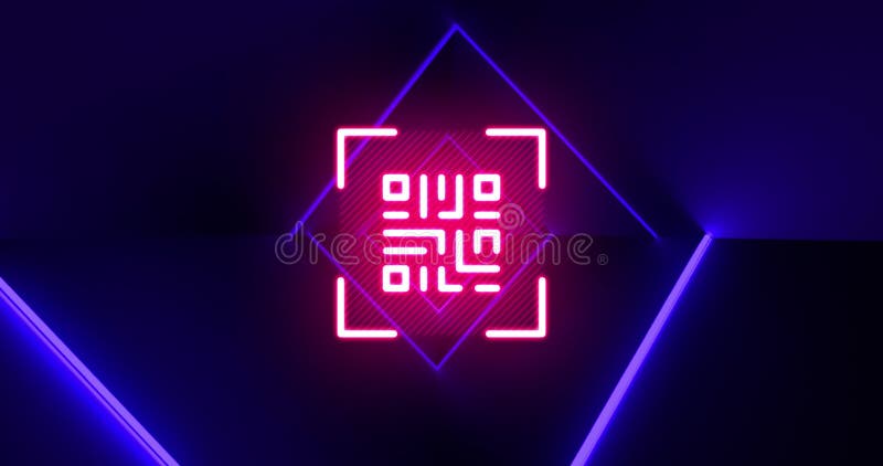Animation of flickering pink QR code with blue neon lines. vector illustration