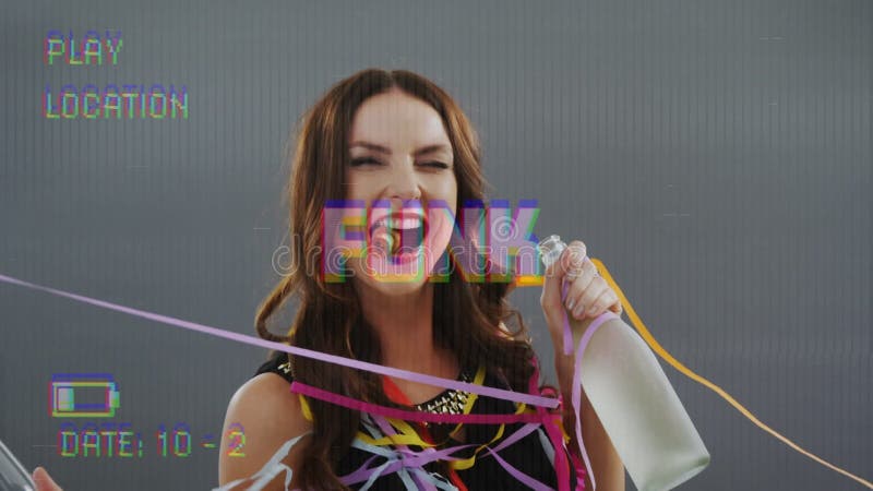 Animation of funk text on video camera screen with digital interface filming smiling woman at party vector illustration