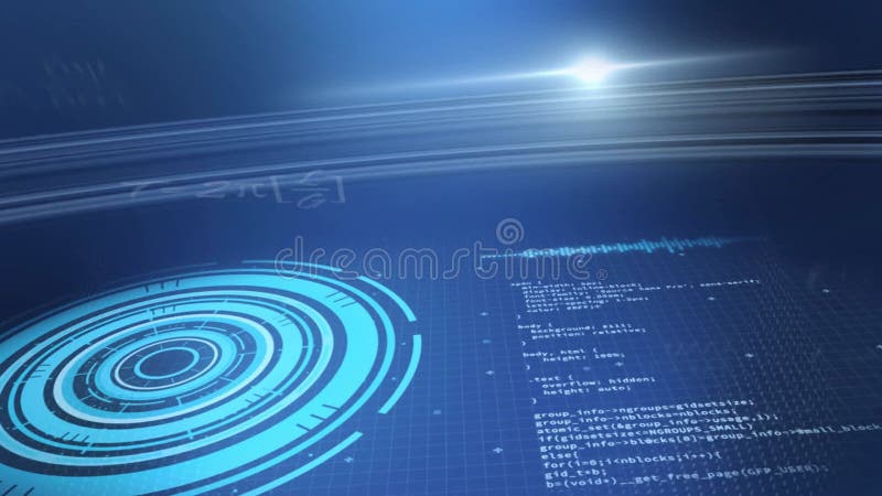 Animation of futuristic digital interface with coding and circular graphics royalty free illustration