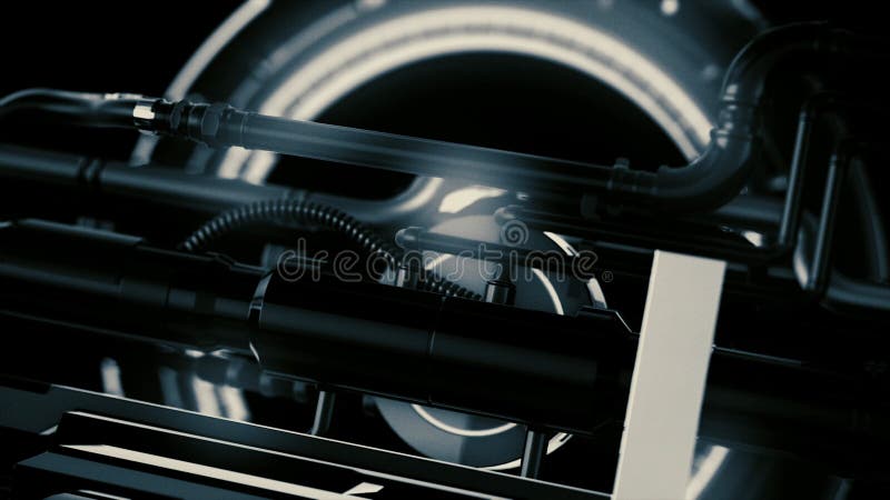 Animation of futuristic and high tech mechanism with light and rotation details with tubes, abstract machine background. stock photo