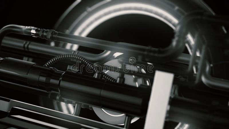 Animation of futuristic and high tech mechanism with light and rotation details with tubes, abstract machine background. stock images
