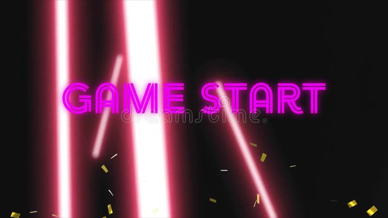 Animation of game start text and glowing light trails moving over black background stock footage