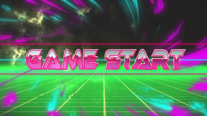Animation of game start text over colourful shapes and digital lines on black background stock video footage