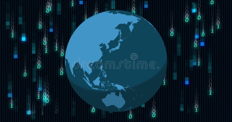 Animation of globe with binary coding and data processing. Global networks, digital interface, data processing and connections concept digitally generated video. Binary coding data processing video