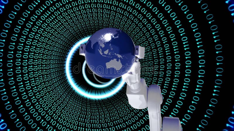 Animation of globe with binary coding and robot\'s arm royalty free illustration