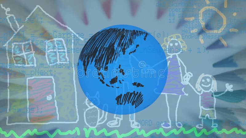 Animation of globe and data processing over drawing of family stock illustration