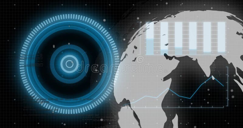 Animation of globe and diagrams over scope scanning stock illustration
