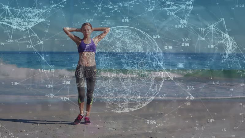 Animation of globe with network of connections over caucasian woman exercising at beach stock footage
