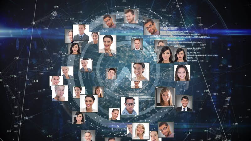 Animation of globe with photos of network people and data processing stock illustration