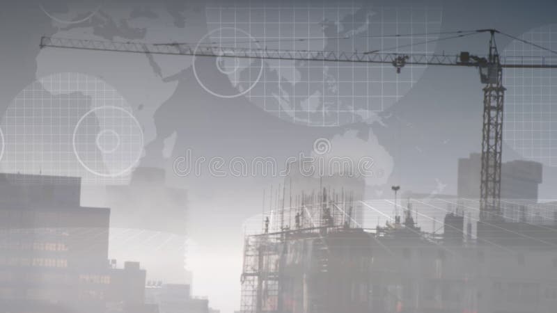 Animation of globe with world map over construction site royalty free illustration