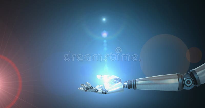 Animation of glowing light over robot\'s arm on dark background vector illustration