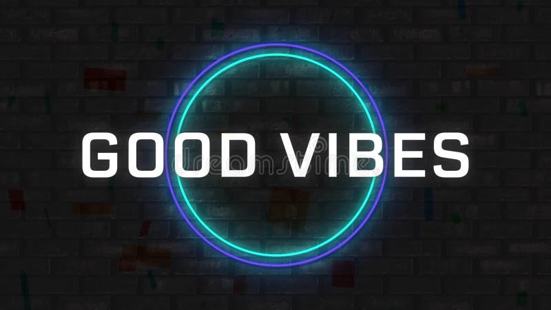 Animation of good vibes text over two neon circles vector illustration