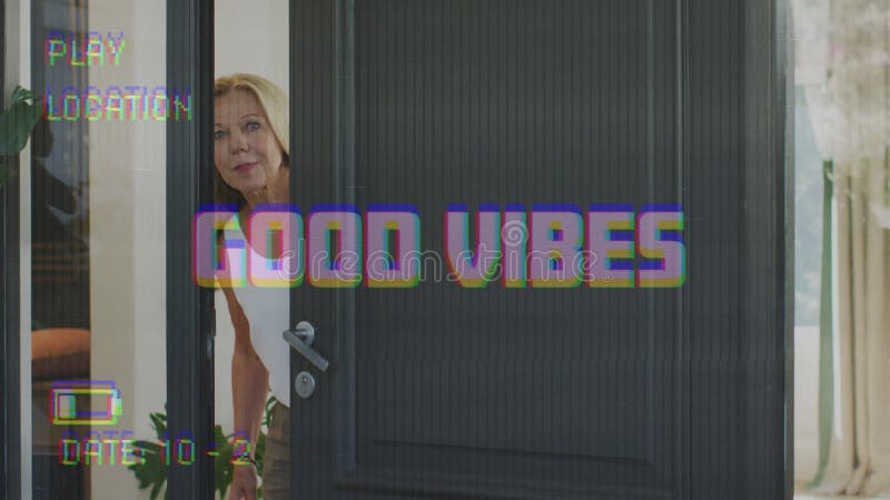 Animation of good vibes text on video camera screen with digital interface and woman smiling vector illustration