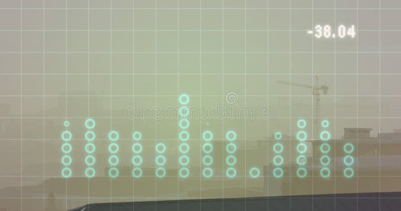 Animation of graph, changing number and grid pattern over fog covered buildings stock video
