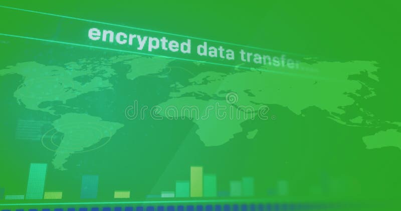 Animation of graph, encrypted data transfer and administrator with computer language over map royalty free illustration