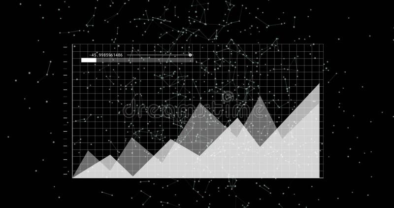 Animation of graph interface processing data over moving networks on black background stock illustration